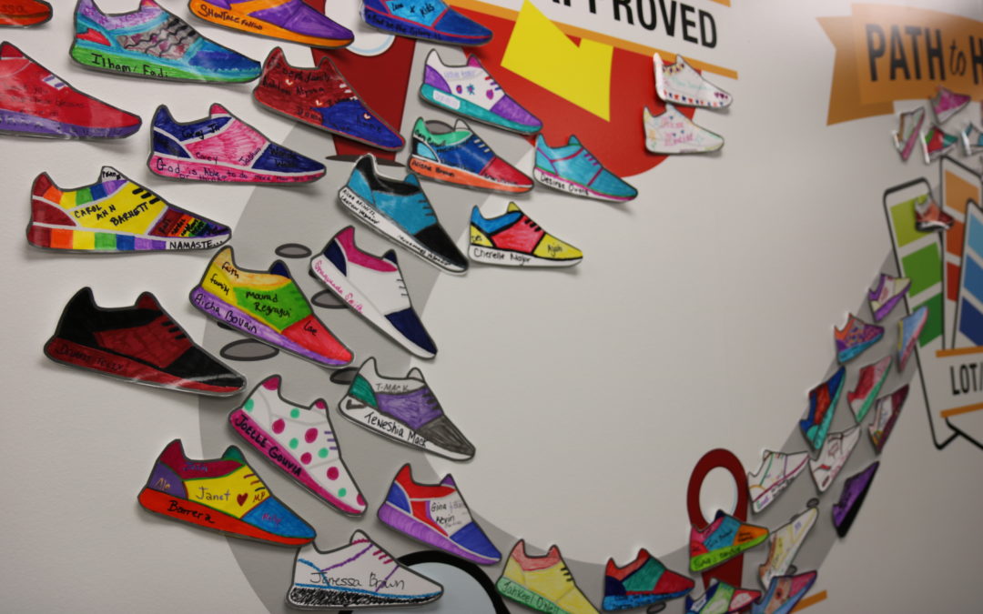 Wall displaying hand-colored paper shoes with homeowner names progressing along the path to homeownership