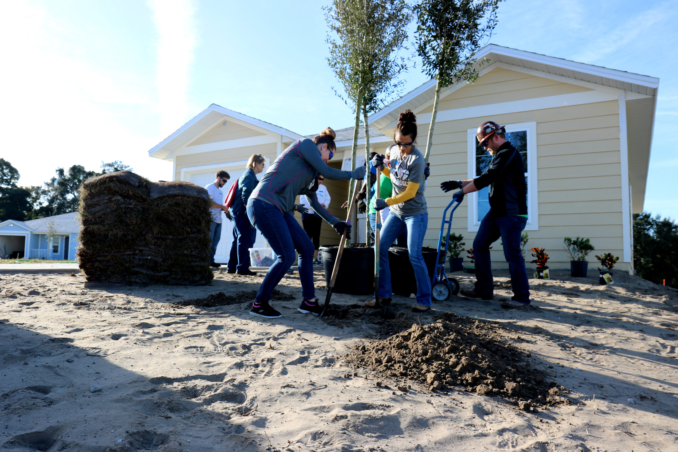 Group of volunteers planting trees in front of in-progress house